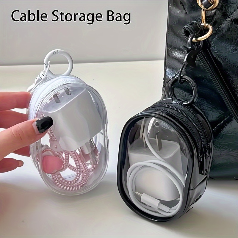 Cable Winder Keychain - ポータブルミニクリアジッパー収納バッグ - イヤホンや充電器用の省スペースケーブルオーガナイザー、便利なキーチェーンループ付きで多用途に活用可能